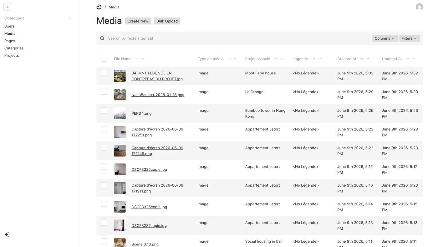 Collection de médias dans l'interface d'administration Payload CMS